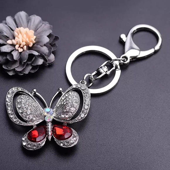 Silver and Ruby Red Crystal Butterfly Keychain Charm - Picture 2 of 16